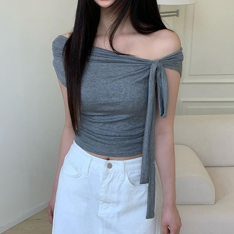 2026 Korean Version Of Chic Design Sense Asymmetrical Knotted Straps Off-the-shoulder T-shirt Pleated Waist Versatile Knitted Top_ecoleips.com