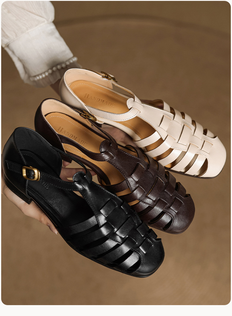 Sandal nữ da bò dệt rỗng quai chữ T phong cách Anh, mũi tròn đế bệt La Mã — màu nâu chi tiết 15