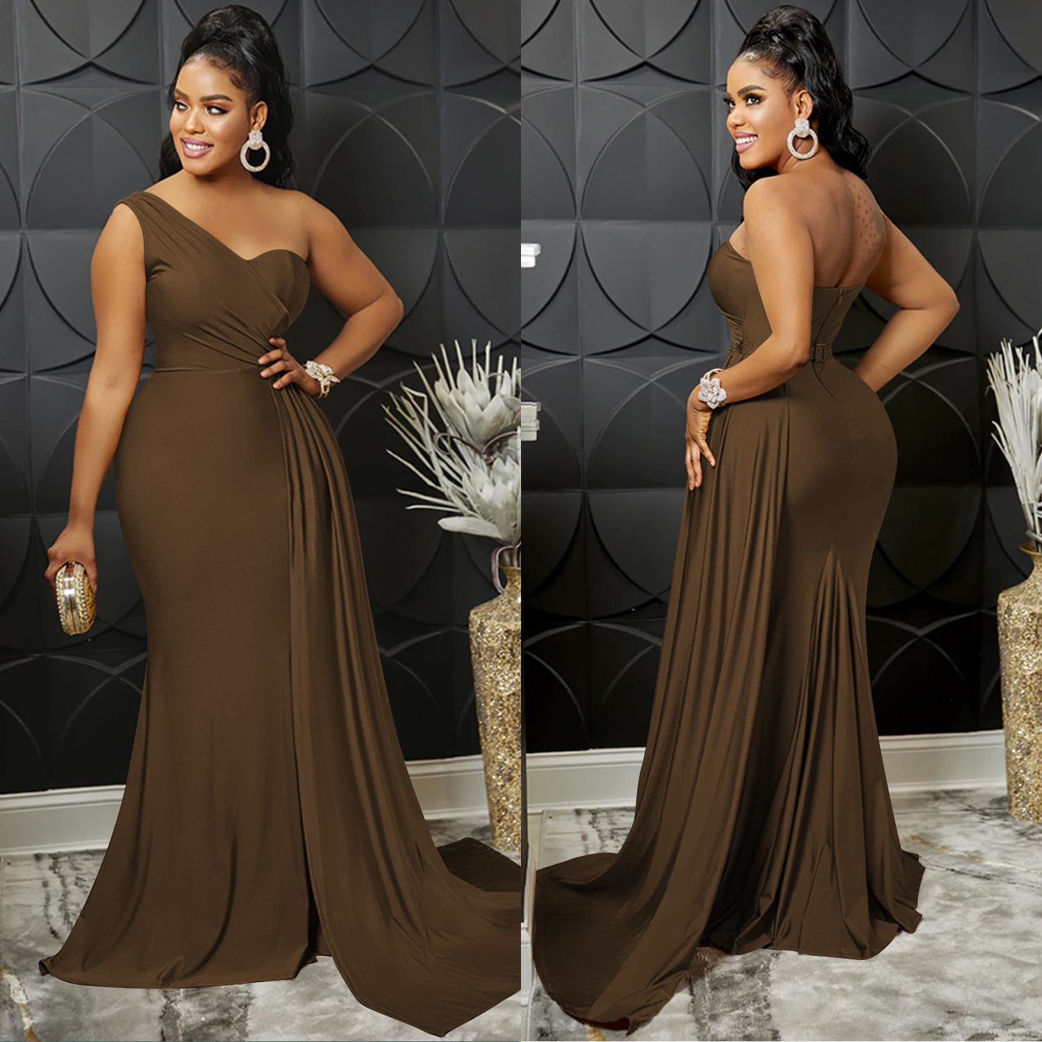 X5819 europeo y americano nuevo AliExpress Amazon moda color sólido partido apretado Vestido de manga de un solo hombro vestido largo para las mujeres image 4