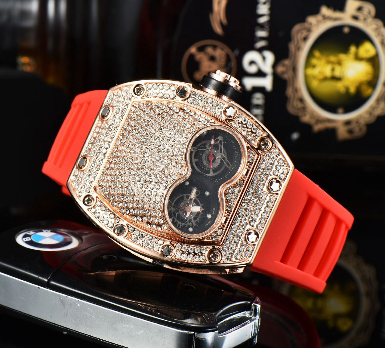 Novo relógio de quartzo masculino com dois olhos e céu estrelado, relógio de pulso personalizado com cravejado de diamantes_voghion.com