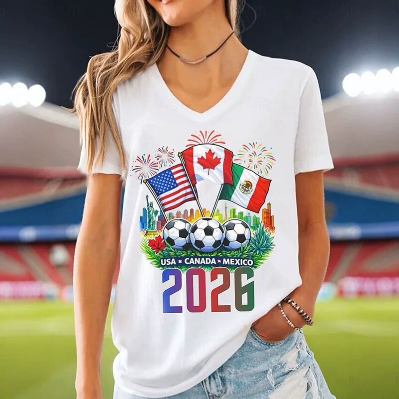 2026 Cross-Border World Cup USA Canada Mexico Football Casual Plus Size Loose Women's T-Shirt V-Neck USA Canada 2026 Cross-Border World Cup USA Canada Mexico Football Casual Plus Size Loose Women's T-Shirt V-Neck USA Canada