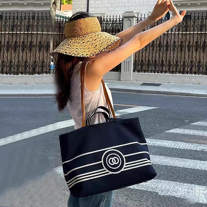 Chanel Style Denim Tote Bag Women's Shoulder Large Capacity Canvas Commuter Bag high quality Navy Striped Beach Bag