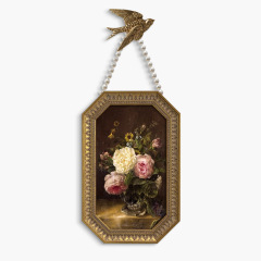 Retro French-style botanical floral painting for entryway sideboard, featuring pearl chain and octagonal design&mdash;soft d&eacute;cor accents for guesthouses, living rooms, bedrooms, and studies.