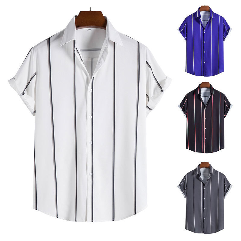 Cross-Border Summer New Men's Loose Large Size Digital Printed Striped Short-Sleeved Shirt Men's Beach Hawaiian Shirt