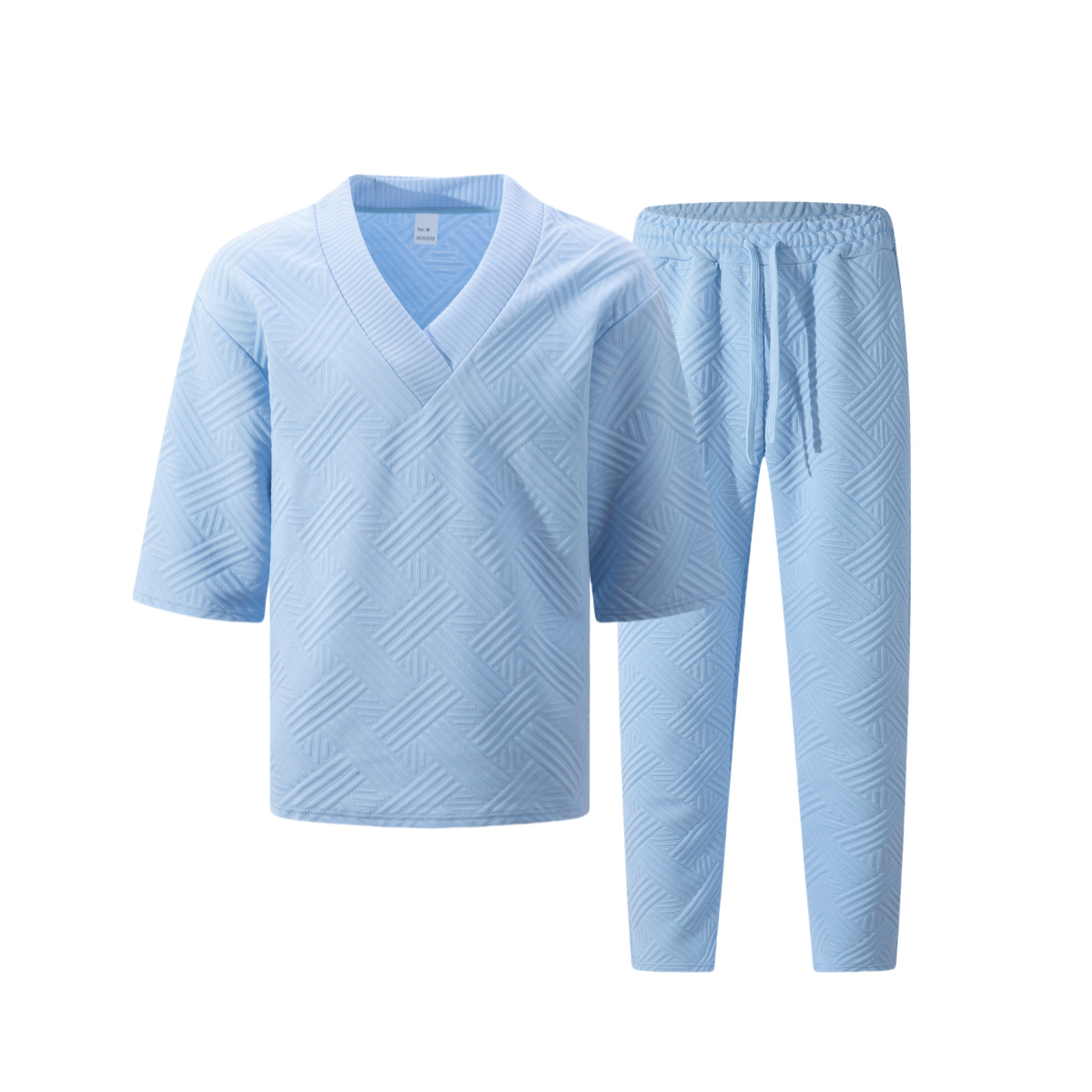 Men's Clothing Casual Short Sleeve V Neck Solid Color Jacquard Set American Style Summer Wear_viptrois.com