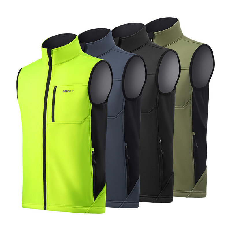 Cycling clothing men's windproof fleece warm sleeveless jacket vest fleece-lined mountain bike road bike jacket olive green