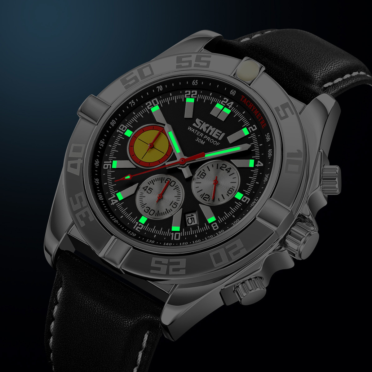 Momento de los relojes de cuarzo deportivo para hombres esfera de tres ojos impermeable nocturna relojes de pulsera transfronterizos al por mayor en stock