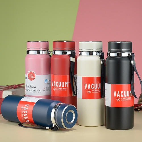 Portable Large Capacity Outdoor Sports Water Bottle Double Layer Vacuum with Handle and Sling Strap Cup 316 Stainless Steel Insulated Cup
