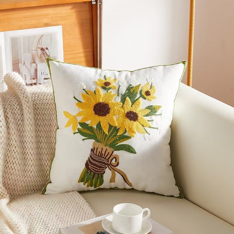 Cojín decorativo Chenille 2024, nuevo modelo, con flores pequeñas bordadas en tres dimensiones, para cabecera, dormitorio, sala de estar, ventana, con un toque de diseño.