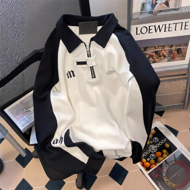 American Style Retro Academy Style Half-Zip Polo Collar Sweater Women's High-end Sense hiphop Trendy Black and White Contrast Top