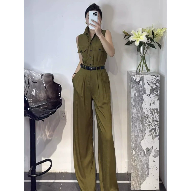 Летний модный женский костюм в стиле старых денег, однотонная льняная рубашка армейского зеленого цвета, широкие брюки с высокой талией, комплект из двух предметов для поездок на работу.
