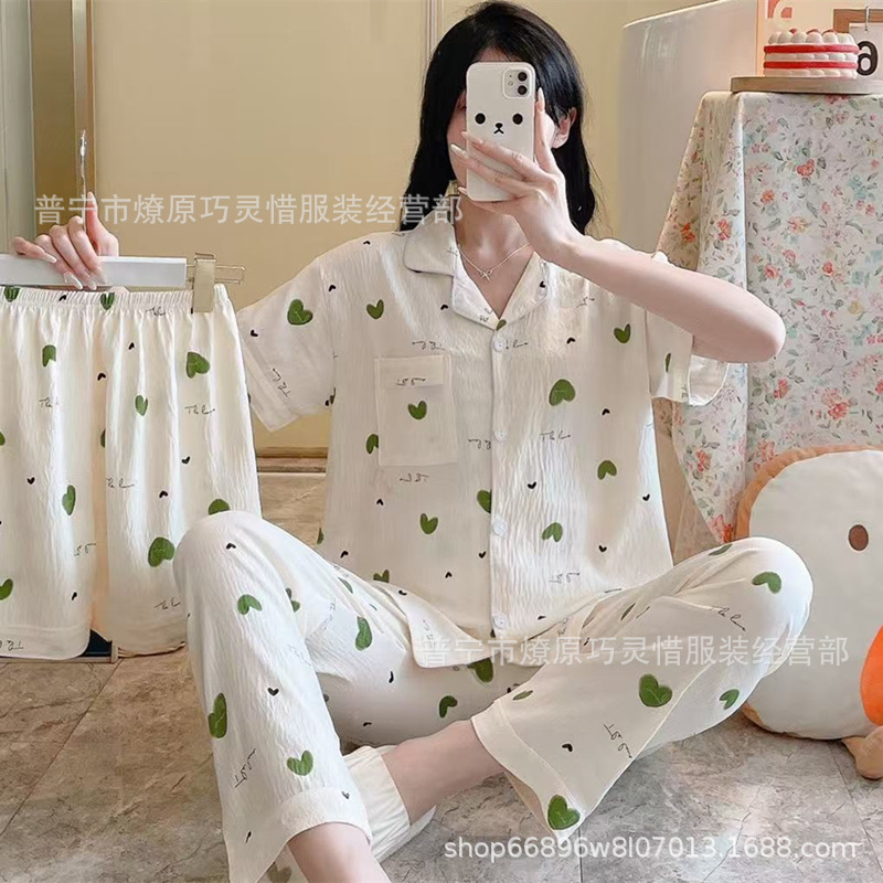 Red famosa nuevo pijama de mujer nubes de verano algodón pantalones cortos de manga corta pantalones largos de tres piezas de dibujos animados set de ropa para el hogar