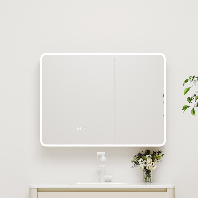 gabinete de espejo de baño de arco de aluminio espacial gabinete de almacenamiento inteligente gabinete de espejo de baño tipo pared colgante de niebla con iluminación caja de espejo de vestuario