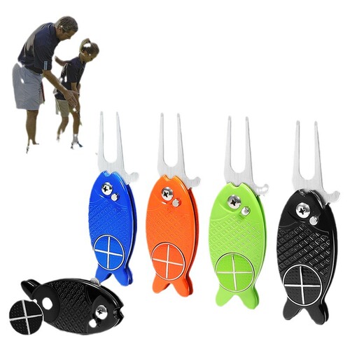 New fish type golf green fork folding spring ball fork metal head repair pitchfork course supplies manufacturer