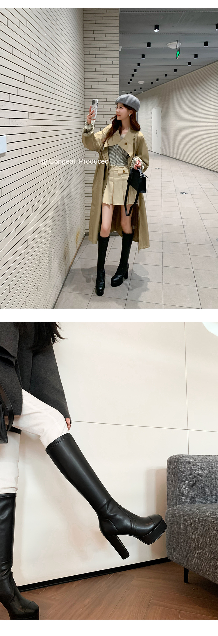 Boot nữ cổ cao ôm bắp chân gót 11cm đế platform mũi tròn — Quả mơ ống nhỏ đơn li, Lớp lót nhung lớn màu đen, Lớp lót nhung ống nhỏ màu mơ, Ống nhỏ màu đen đơn li chi tiết 16