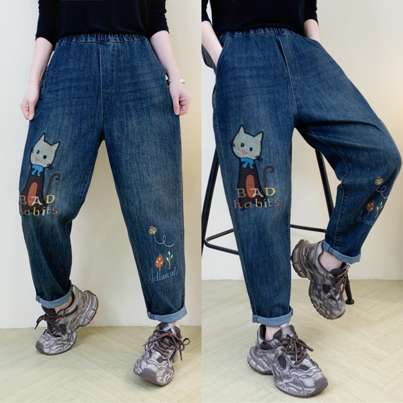 文学レトロ花刺繍ストレッチジーンズ女性の春夏の新しいルーズプラスサイズスリム多用途ハーレムパンツ|undefined