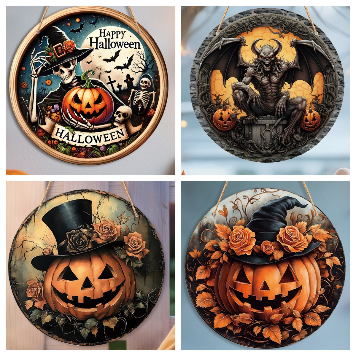 跨境万圣节经典南瓜骷髅人木质门窗墙面挂牌挂件氛围场景装饰品