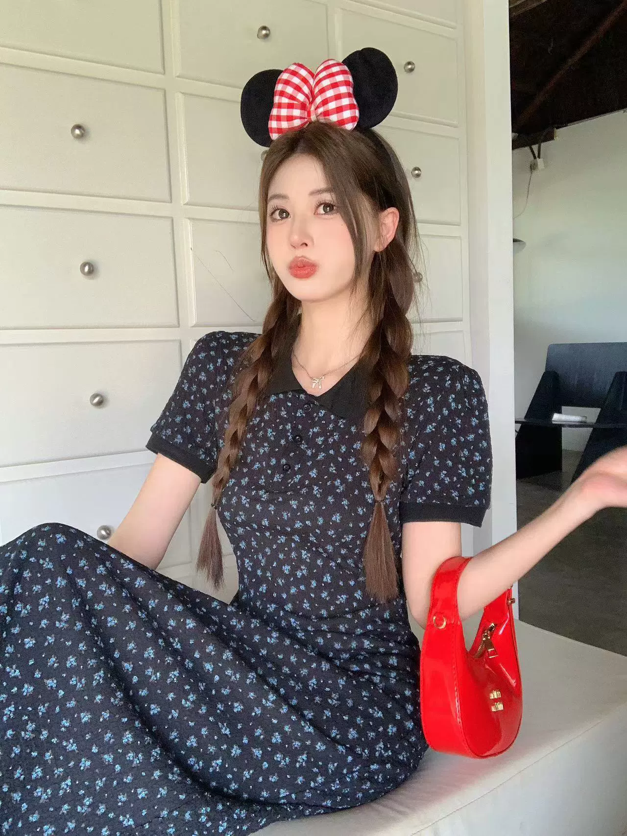 [Качество встряхивания] Платье с короткими рукавами большого размера женская летняя талия тонкая цветочная юбка POLO воротник юбка бедра