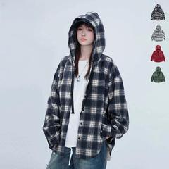 港味格子フード付きシャツコート男女春2025年新ゆるい怠惰な風の中のロングカジュアル上着