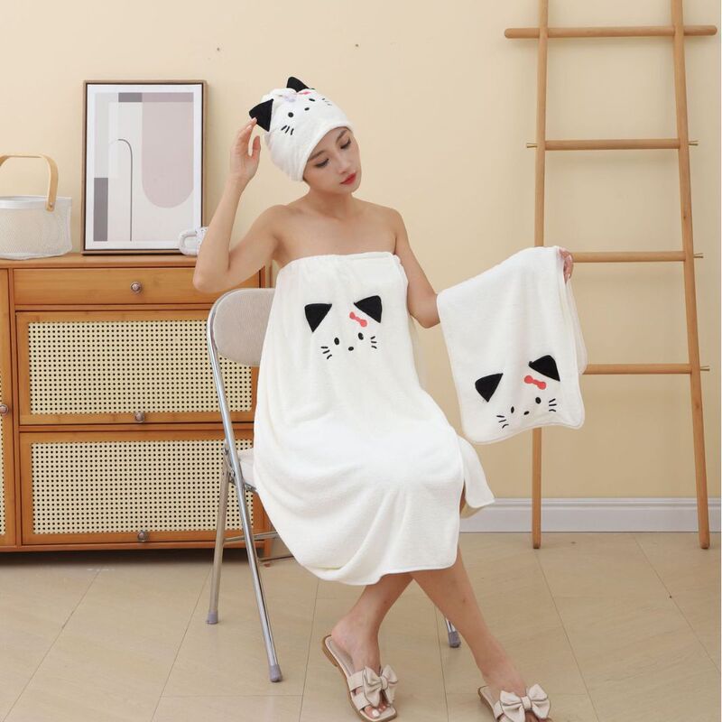 Coral Fleece Bath Towel Stereo Embroidered kitten Bath Skirt Absorbent Wearing Large Size Bathrobe with Wrap Sling Bath Towel
