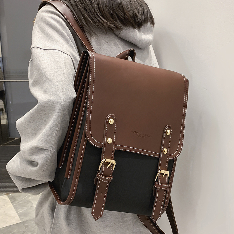 Ba lô nữ canvas phong cách retro Anh quốc, kiểu dáng đa năng cho sinh viên — Màu đen