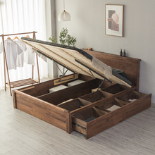 北美黑胡桃木抽屉气压储物床北欧轻奢极简高箱全实木落地多功能床