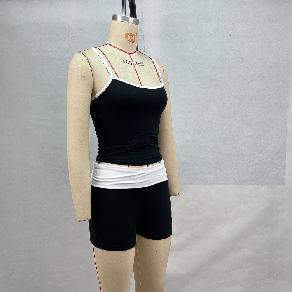 GraceChic GraceChic 2024 Summer New European And American Women's Fashion Camisole Crop Top Color Block Low Waist Shorts Set Casual Fitness_voghion.com