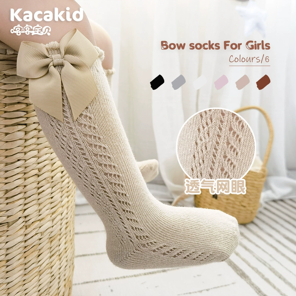 Детские носки, летние тонкие носки до середины икры, хлопковые детские сетчатые носки типа А, дышащие летние носки принцессы с бантом для девочек