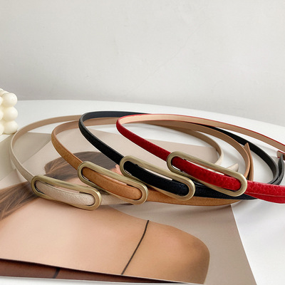 真皮腰带女免打孔新款猪皮细款百搭复古港风黑色无孔西装外套皮带|ms