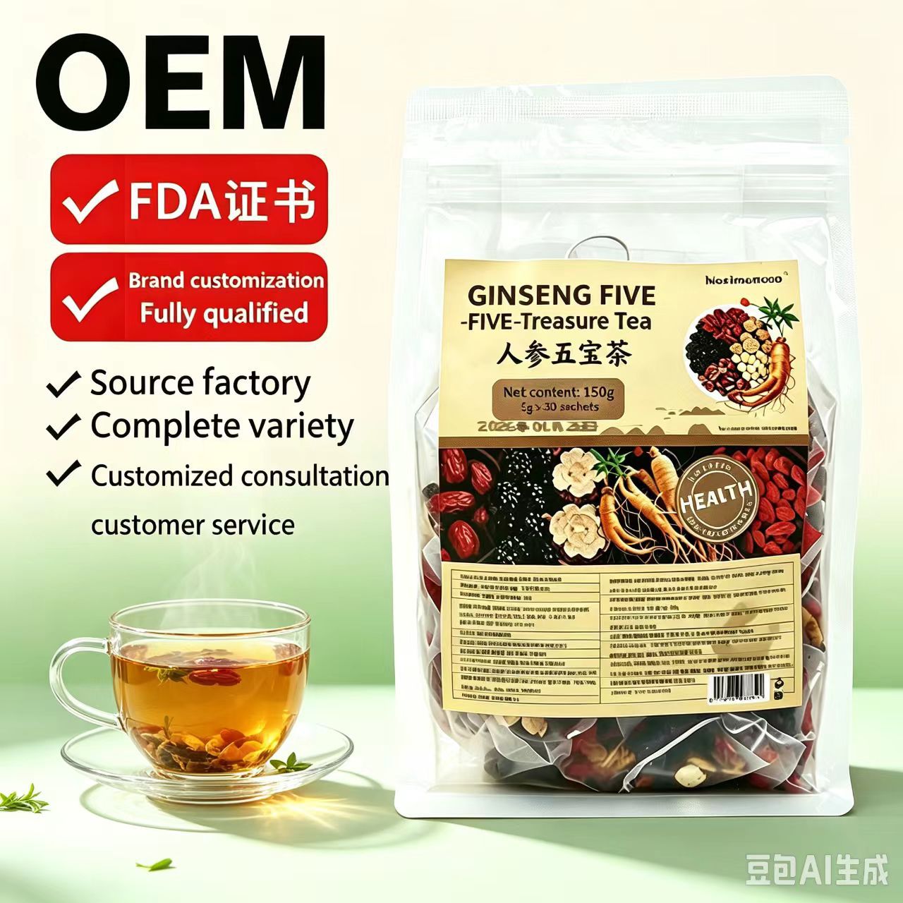 Ginseng Six Treasure Tea Ren Shen Liu Bao Cha Herbal Tea Bags 5g x 30 Packets 150g in use