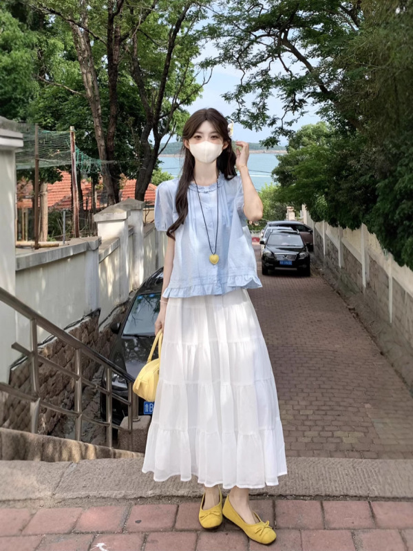 韓国カレッジスタイル2025夏韓国風小ぶりフレッシュ木耳襟万能ゆったりシャツ小柄シャツ|undefined