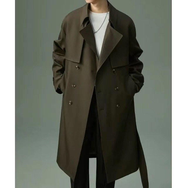 2025 Spring New Style Double-Breasted Korean Style Trench Coat Men's Mid-Length Loose Fit Belt Hong Kong Style Outerwear Trendy
