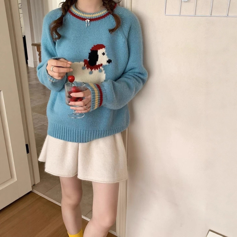 Christmas Cartoon Puppy Jacquard Embroidered Pullover Sweater for Women, 2025 New Autumn/Winter Loose-Fit Knitwear