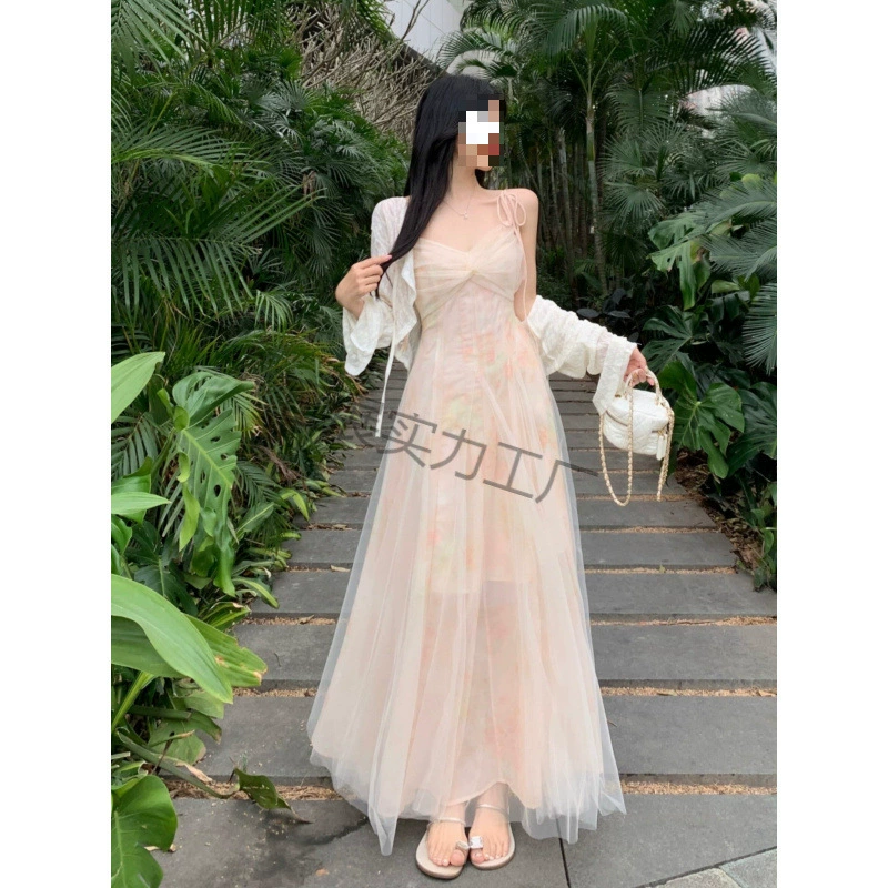 夏季大码法式甜美气质两件套超仙碎花网纱吊带裙开衫套装女