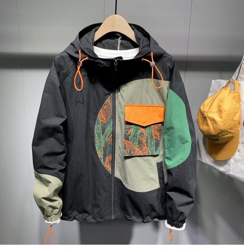 Spring and Autumn American Style High Street Trendy Brand Casual Loose Hooded Jacket for Plutton Handsome Top Ins Fashionable Stitching Jacket for Men Spring and Autumn American Style High Street Trendy Brand Casual Loose Hooded Jacket for Plutton Handsome Top Ins Fashionable Stitching Jacket for Men