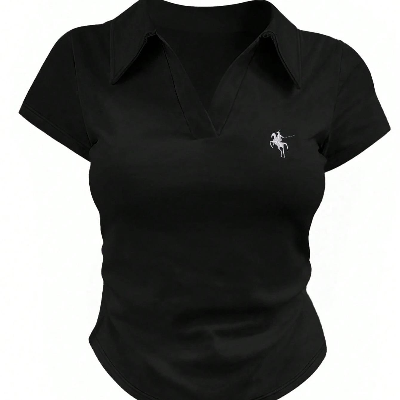 Slim Fit Women's Polo Shirt Collared Solid Colour Equestrian Top_voghion.com