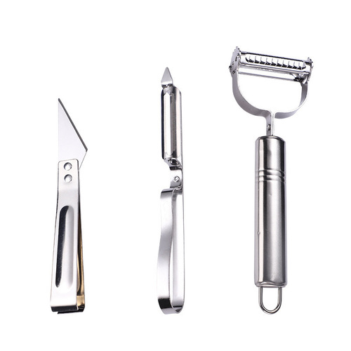 Three-piece set of stainless steel peelers for melon and fruit peeling, household melon and fruit peeling duck feather clip, double-headed peeling knife and grater