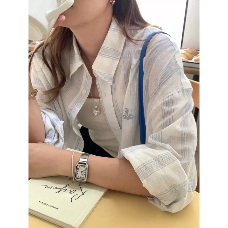 26 Spring Saturn Embroidery Vertical Stripe Shirt for Women, Mid-Length Loose Long Sleeve Sun Protection Shirt, Fashionable 26 Spring Saturn Embroidery Vertical Stripe Shirt for Women, Mid-Length Loose Long Sleeve Sun Protection Shirt, Fashionable