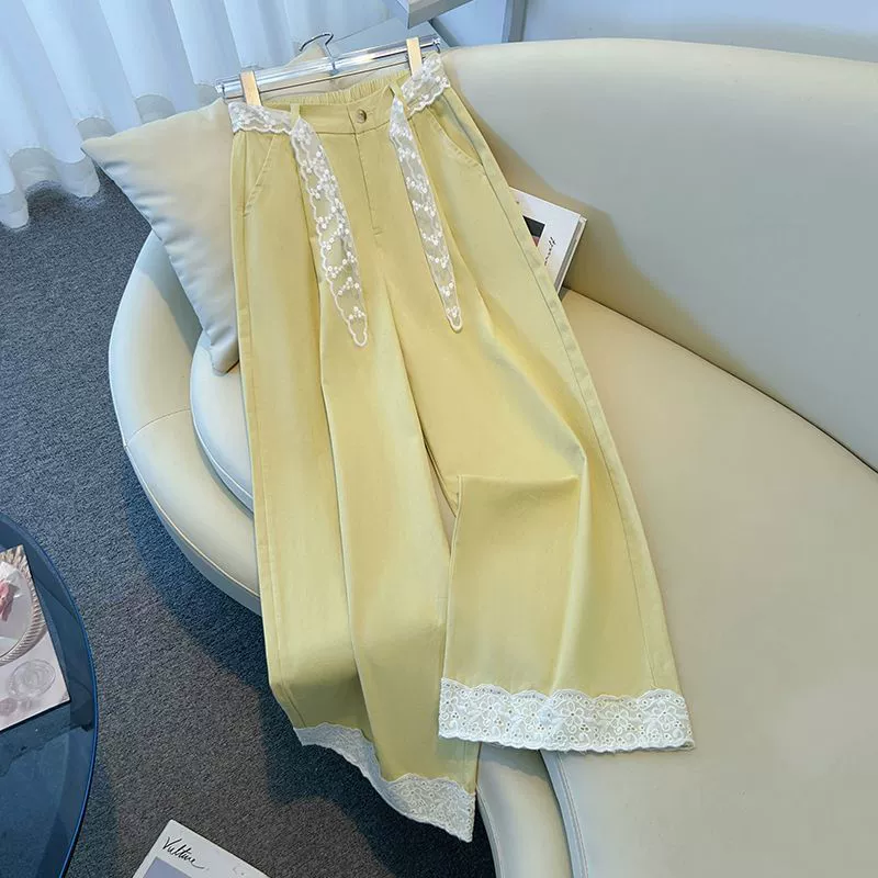 Женские летние тонкие повседневные брюки с кружевным поясом и широкими штанинами, укороченные прямые брюки с кружевным поясом
