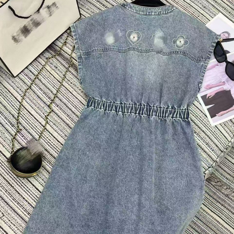 [Nanyou Rose 高級婦人服] 25 新しい気質ウォッシュ刺繍弾性ウエストフライングスリーブデニムドレス|undefined