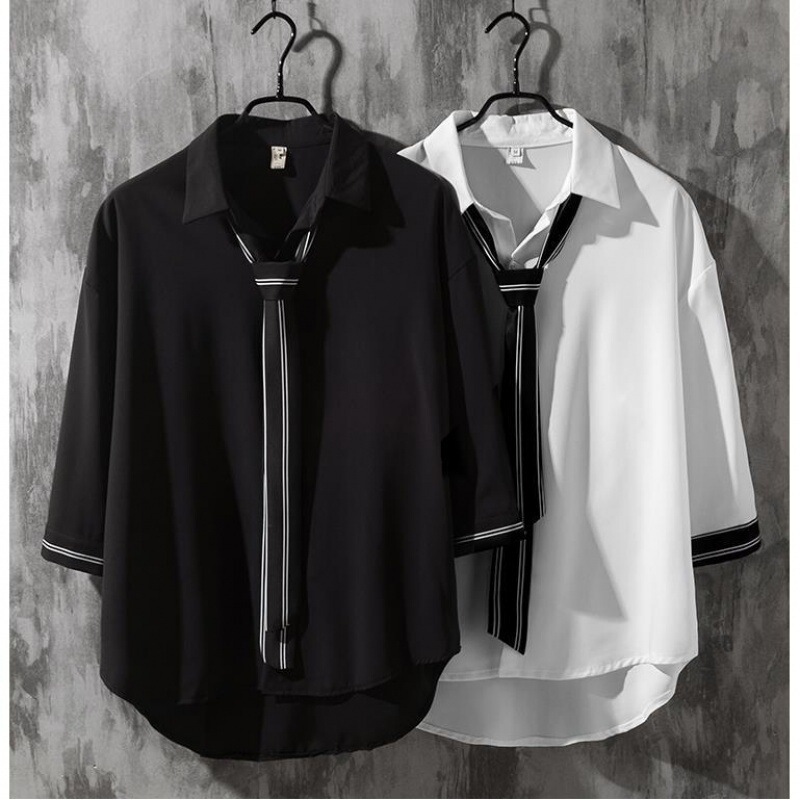 Spring and Autumn Internet Celebrity Ins Summer Short-sleeved Japanese Style Casual Men's Shirt Korean Style Loose White Tie Shirt Spring and Autumn Internet Celebrity Ins Summer Short-sleeved Japanese Style Casual Men's Shirt Korean Style Loose White Tie Shirt