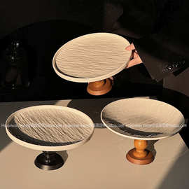 简约岩石纹高脚果盘圆盘子实木家用干果水果蛋糕托盘子甜品台摆件