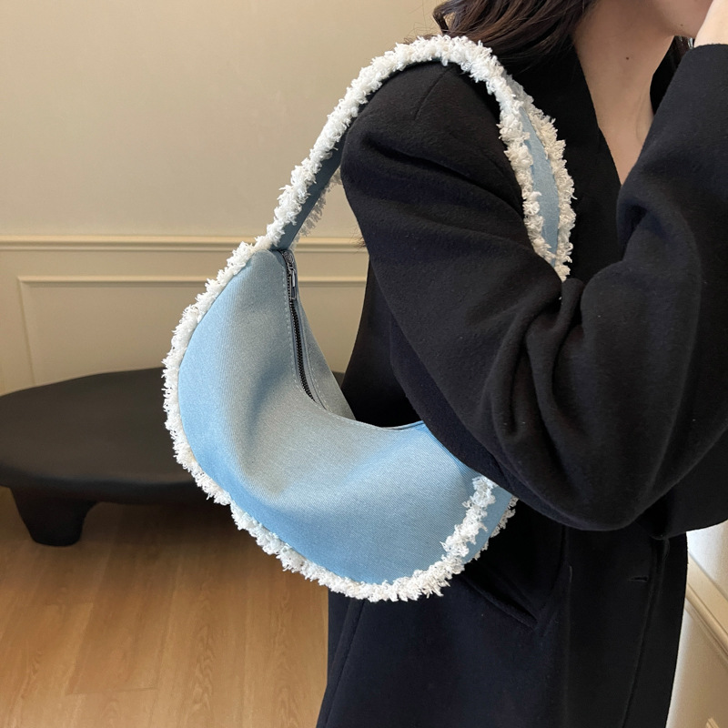 Bolso de axila de mezclilla en bruto casual simple de moda coreana 2024 otoño e invierno nuevo bolso de viaje de trabajo de un solo hombro