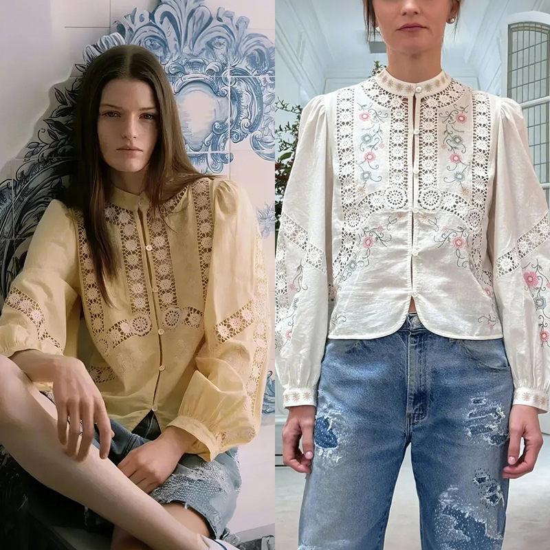 French-Style Niche 2026 Summer Ins Gentle Stand-Collar Hollow Lace Floral Cross-Stitch Puff Sleeve Shirt 26501 French-Style Niche 2026 Summer Ins Gentle Stand-Collar Hollow Lace Floral Cross-Stitch Puff Sleeve Shirt 26501