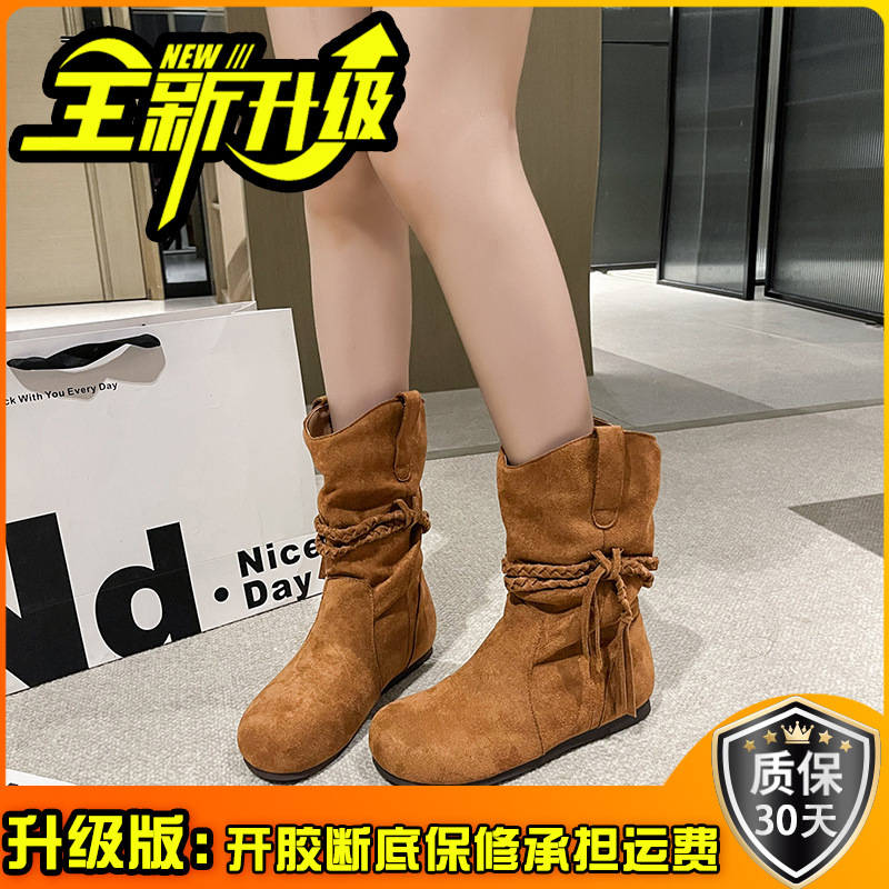 欧美气质复古百搭圆头中筒靴女2025秋冬新款小众绑带个性马丁靴子|undefined