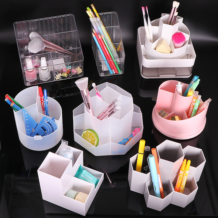 梯形三格笔筒斜插式笔架塑胶料收纳盒透明多格笔桶儿童笔筐铅笔盒
