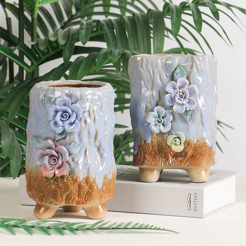 Ceramic Fleshy Pinch Flower Old Pile Flower Pot Office Desktop Green Plant Pot Coarse Pottery Breathable Plant Pot Retro Large High Pile Pot