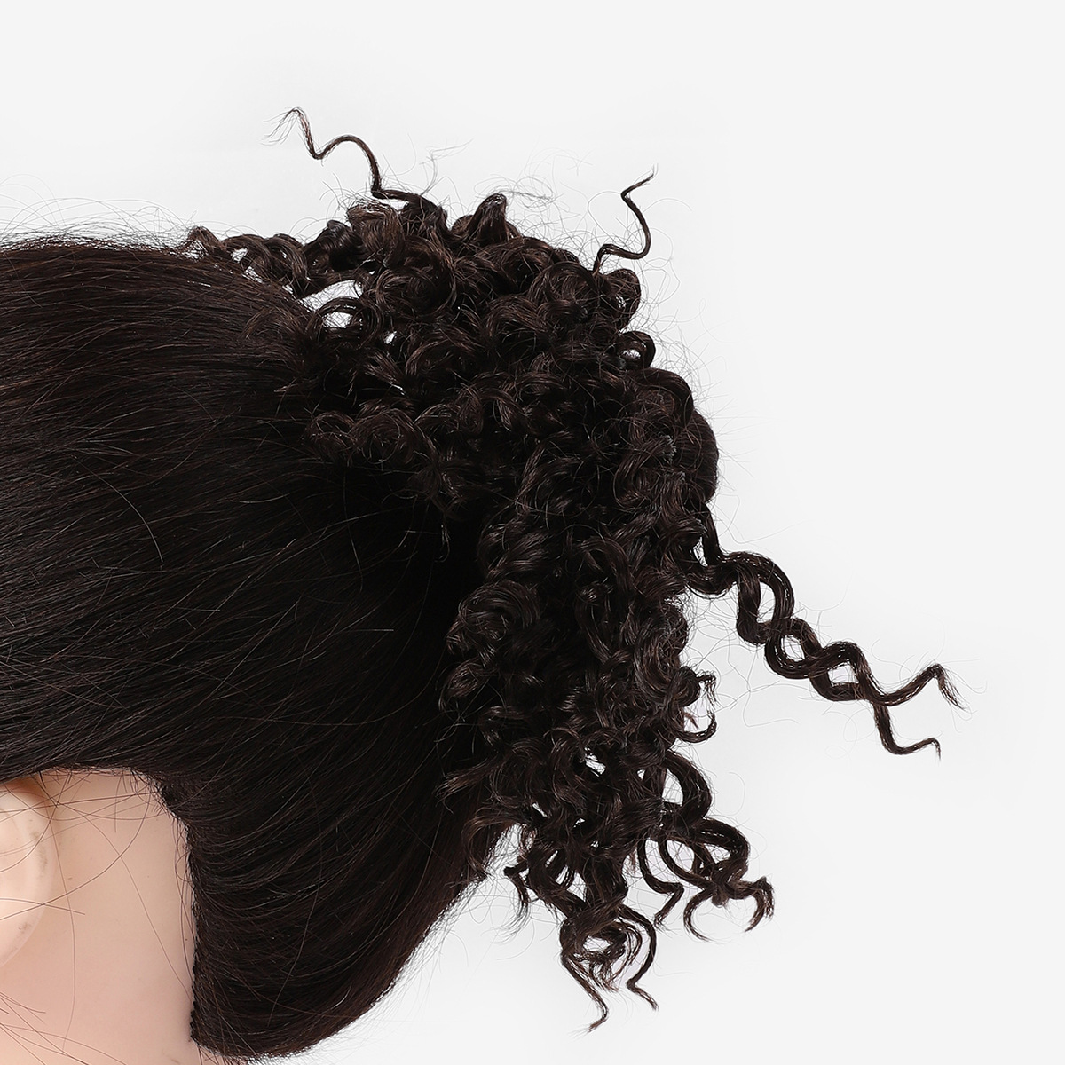 Peluca negra de cola de caballo baja con lazo para el cabello, cabello esponjoso, peinado de peluca, cabello rizado europeo y americano