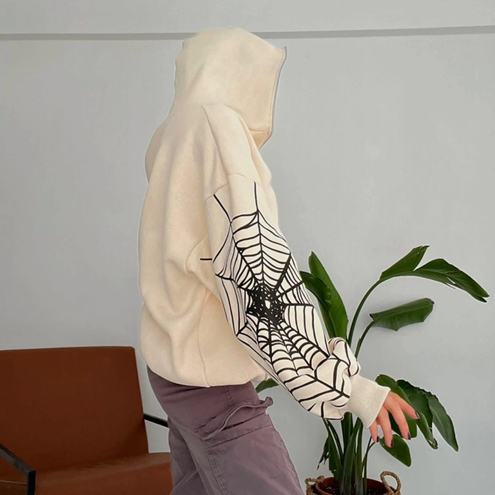 2024 Ny INS Efterår/Vinter Spider Web Printed Street Trendy Lynlås Cardigan Hættetrøje_voghion.com