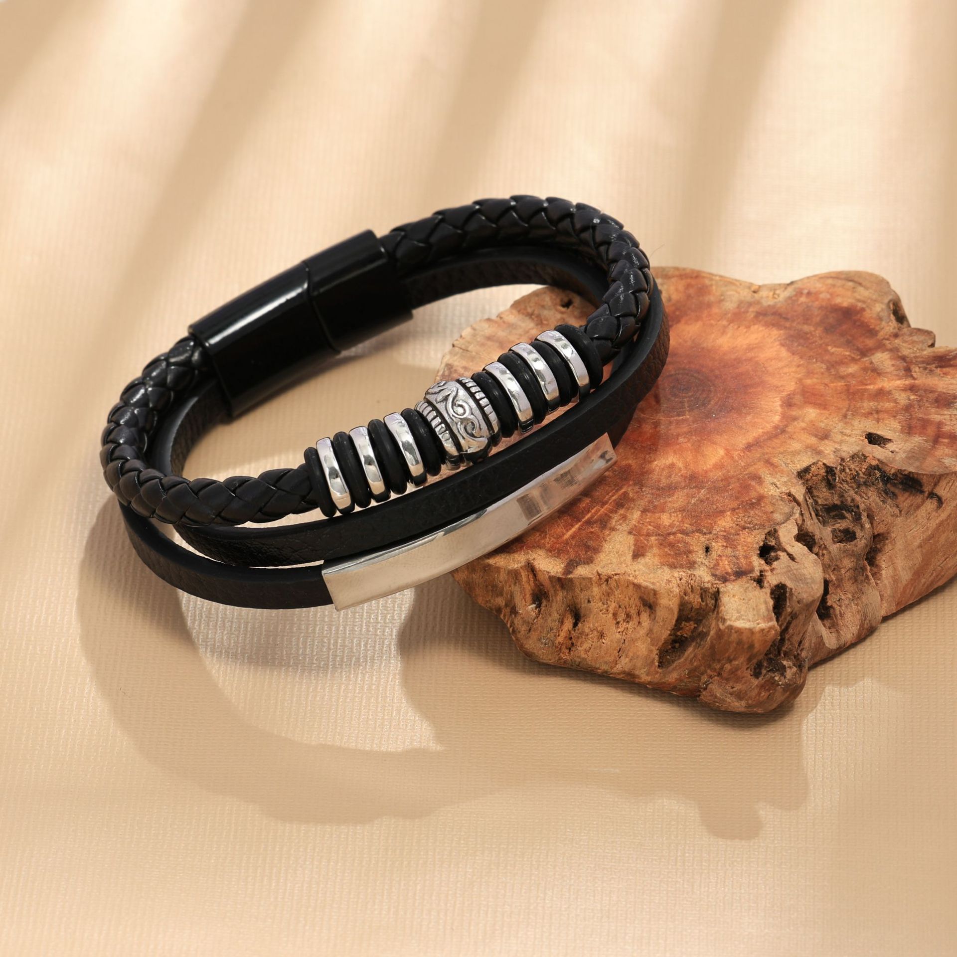 Pulsera de cuero transfronteriza europea y americana para hombres, joyería, moda, cuerda de cuero retro, pulsera con cuentas, pulsera para hombres y mujeres, estilo étnico